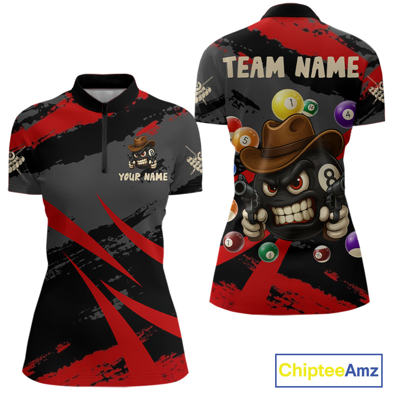 Black And Red Funny 8 Ball Pool Billiard Shirt For Women Custom Billiard Team Jersey Polo & 1/4 Zip TDM5315