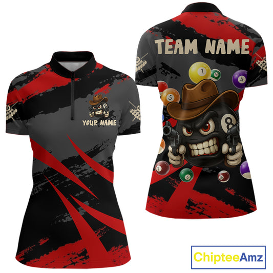 Black And Red Funny 8 Ball Pool Billiard Shirt For Women Custom Billiard Team Jersey Polo & 1/4 Zip TDM5315