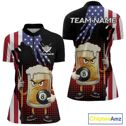 American Flag Funny Beer 8 Ball Billiard Shirt For Women Custom Patriotic Pool Team Jersey TDM5577
