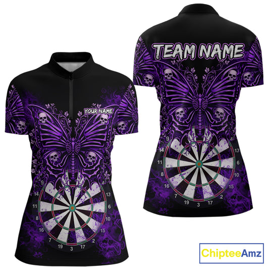 Purple Dartboard Butterfly Skull Darts Shirt For Women Custom Darts Team Jersey Polo & 1/4 Zip TDM5582