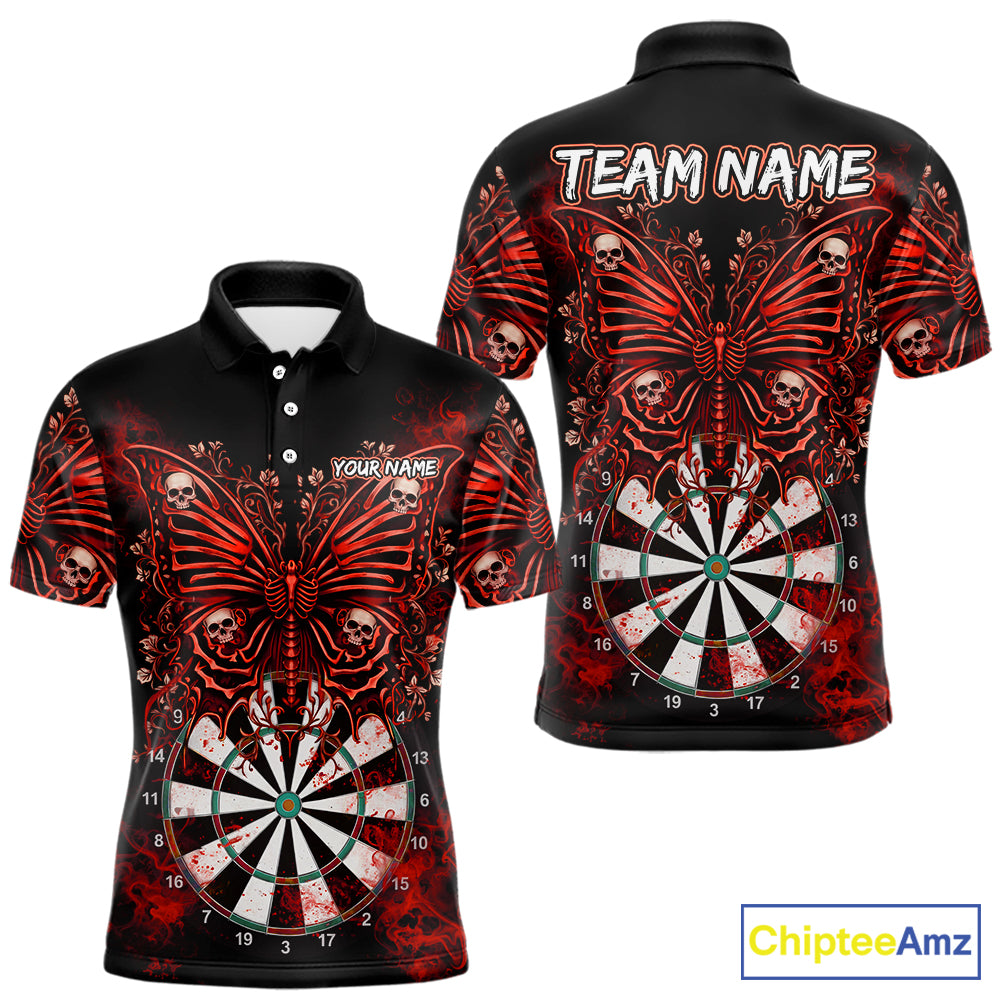 Red Dartboard Butterfly Skull Darts Shirt For Men Custom Darts League Team Jersey Polo & 1/4 Zip TDM5583