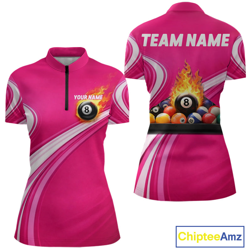 Personalized Pink Billiard Jersey For Women Custom Flame 8 Ball Pool Billiard Shirt Polo & 1/4 Zip TDM5814