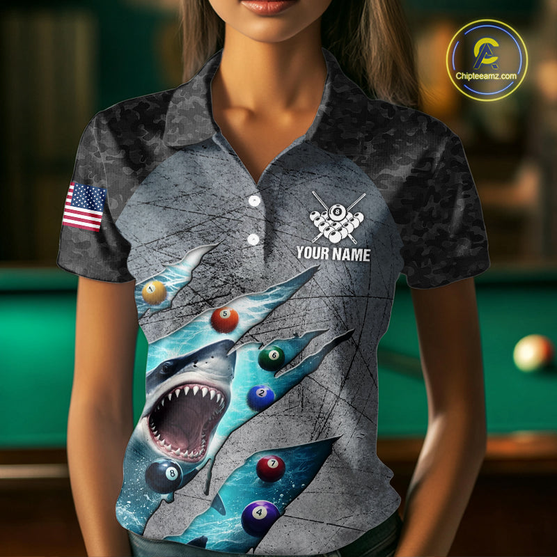 Personalized Funny Shark Billiard Shirt For Women, 8 Ball Pool Team Jersey Polo & 1/4 Zip Shirt TDM6202