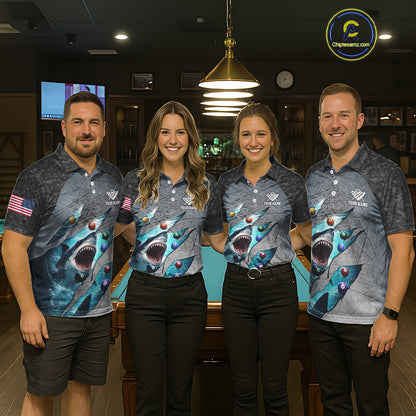 Personalized Funny Shark Billiard Shirt For Men, 8 Ball Pool Team Jersey Polo & 1/4 Zip Shirt TDM6202