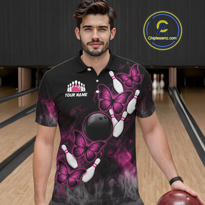 Pink Black Custom Butterfly Bowling Shirt For Men, Smoke Bowling Team Jersey Polo & 1/4 Zip Shirt TDM6423