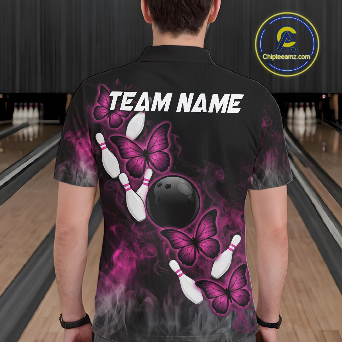 Pink Black Custom Butterfly Bowling Shirt For Men, Smoke Bowling Team Jersey Polo & 1/4 Zip Shirt TDM6423