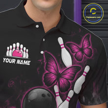 Load image into Gallery viewer, Pink Black Custom Butterfly Bowling Shirt For Men, Smoke Bowling Team Jersey Polo &amp; 1/4 Zip Shirt TDM6423
