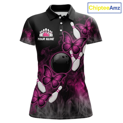 Pink Black Custom Butterfly Bowling Shirt For Women, Smoke Bowling Team Jersey Polo & 1/4 Zip Shirt TDM6423