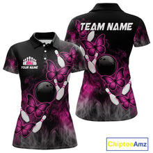 Load image into Gallery viewer, Pink Black Custom Butterfly Bowling Shirt For Women, Smoke Bowling Team Jersey Polo &amp; 1/4 Zip Shirt TDM6423
