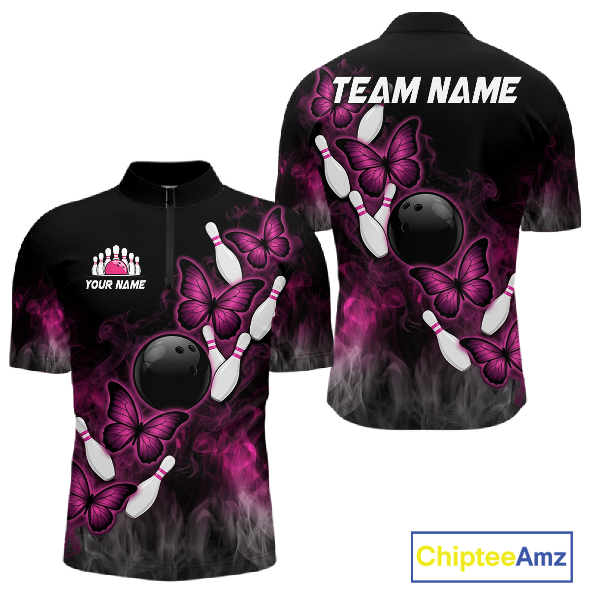Pink Black Custom Butterfly Bowling Shirt For Men, Smoke Bowling Team Jersey Polo & 1/4 Zip Shirt TDM6423