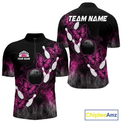 Pink Black Custom Butterfly Bowling Shirt For Men, Smoke Bowling Team Jersey Polo & 1/4 Zip Shirt TDM6423