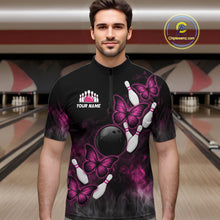 Load image into Gallery viewer, Pink Black Custom Butterfly Bowling Shirt For Men, Smoke Bowling Team Jersey Polo &amp; 1/4 Zip Shirt TDM6423