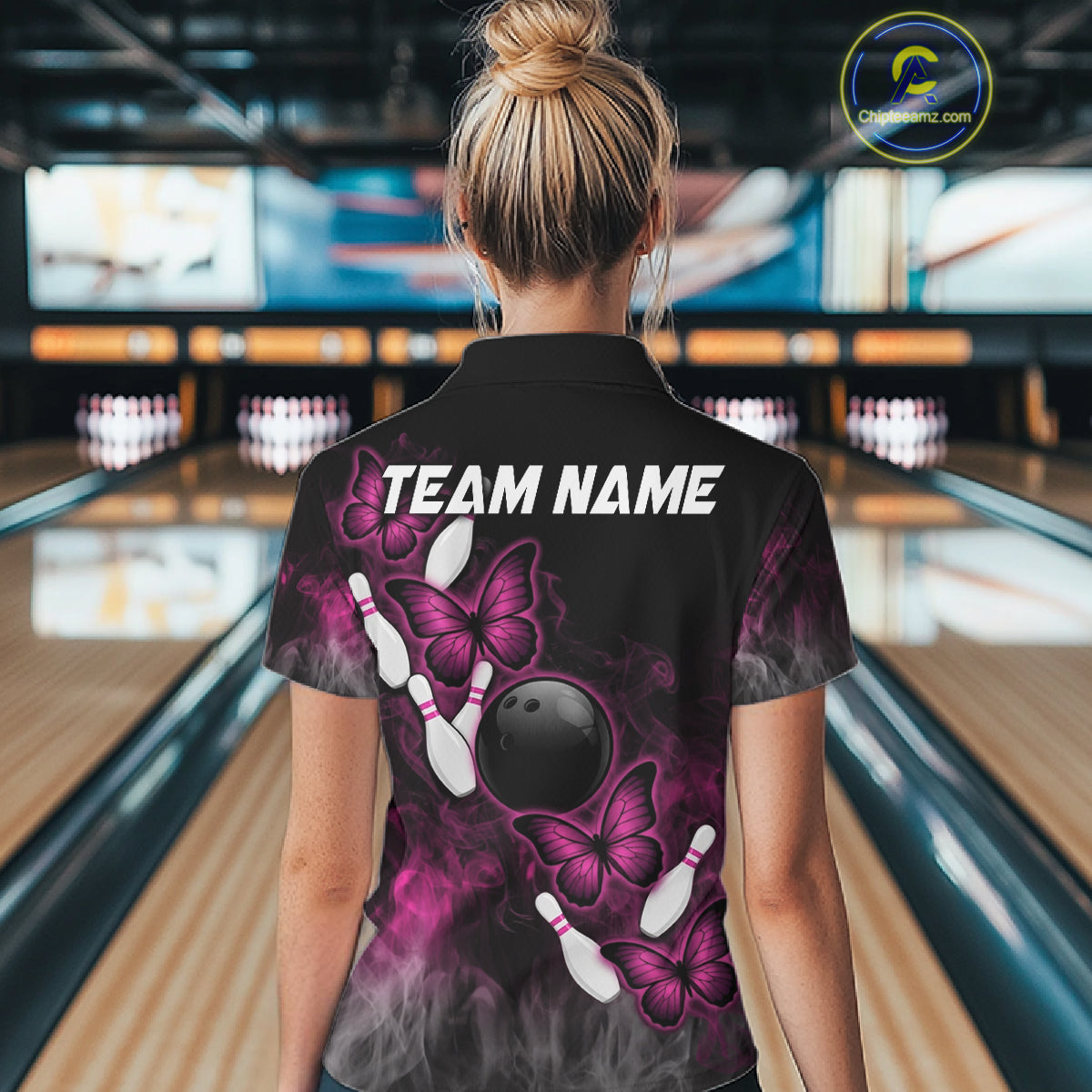 Pink Black Custom Butterfly Bowling Shirt For Women, Smoke Bowling Team Jersey Polo & 1/4 Zip Shirt TDM6423
