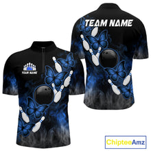 Load image into Gallery viewer, Black And Blue Custom Butterfly Bowling Shirt For Men, Smoke Bowling Team Jersey Polo &amp; 1/4 Zip TDM6424