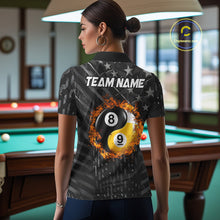 Load image into Gallery viewer, Woman wearing a black billiard shirt with a 8 ball and 9 ball pool ball design and 'Team Name' text in a bar setting.