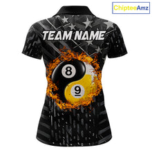 Load image into Gallery viewer, Black billiard polo shirt for women with distressed silver star background, featuring a flaming yin-yang 8-ball and 9-ball graphic on the back, customizable "Team Name" text, and personalized "Your Name" detail on the front chest.