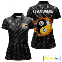 Load image into Gallery viewer, Black billiard polo shirt for women with distressed silver star background, featuring a flaming yin-yang 8-ball and 9-ball graphic on the back, customizable "Team Name" text, and personalized "Your Name" detail on the front chest.