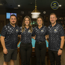 Load image into Gallery viewer, Group of men and women wearing matching black billiard team polo shirts with distressed silver star patterns, personalized "Your Name" details, and 8-ball &amp; 9-ball graphics, posing together beside a pool table in a billiards hall.