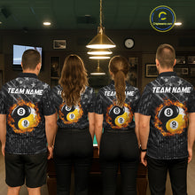 Load image into Gallery viewer, Group of men and women wearing matching black billiard team polo shirts with distressed silver star patterns, personalized "Your Name" details, and 8-ball &amp; 9-ball graphics, posing together beside a pool table in a billiards hall.