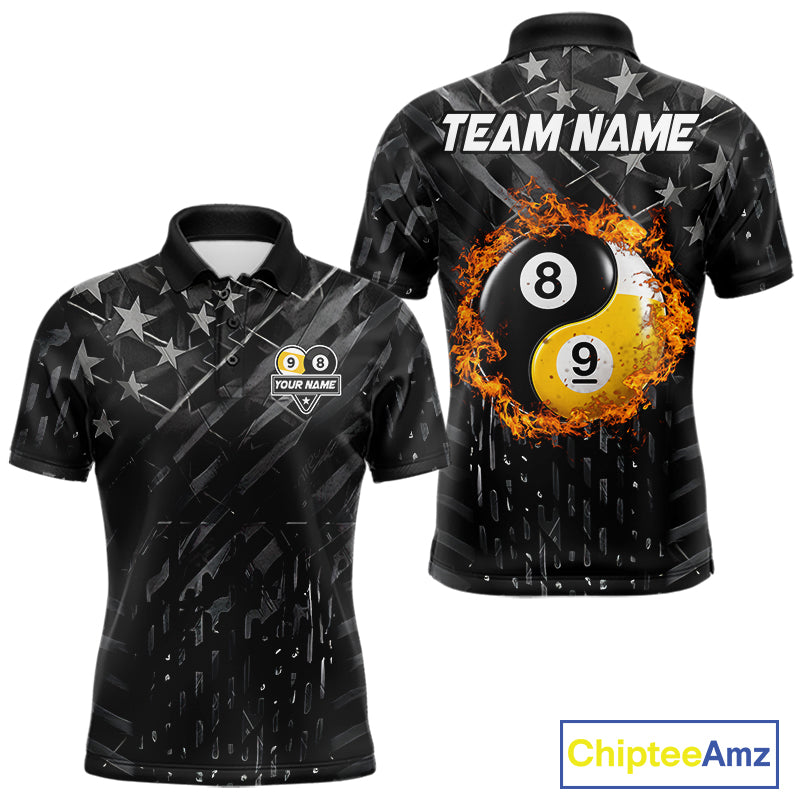Black billiard polo shirt for men with distressed silver star background, featuring a flaming yin-yang 8-ball and 9-ball graphic on the back, customizable "Team Name" text, and personalized "Your Name" detail on the front chest.