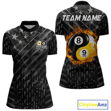 Load image into Gallery viewer, Black billiard quarter zip shirt for women with distressed silver star background, featuring a flaming yin-yang 8-ball and 9-ball graphic on the back, customizable "Team Name" text, and personalized "Your Name" detail on the front chest.