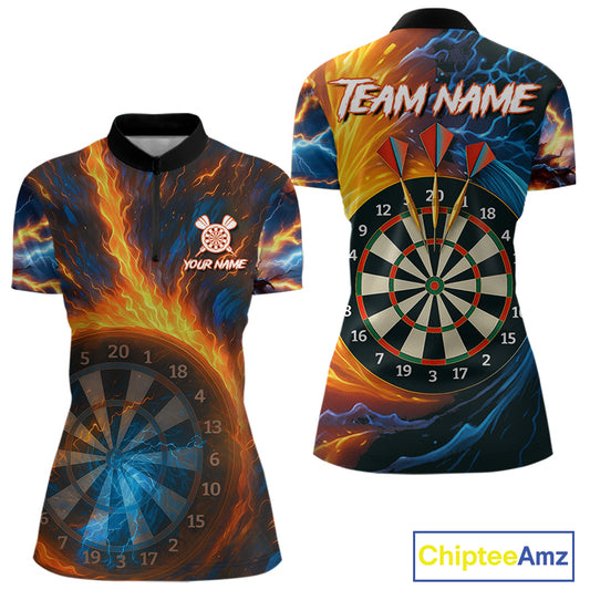 Personalized Blue And Orange Swirl Fire Flame Dart Shirt For Women Custom Darts League Team Jersey TDM4270