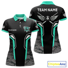 Load image into Gallery viewer, Black &amp; Turquoise 8 Ball Pool Wings Custom Camo Billiard Shirt For Women, Billiard Team Jersey TDM4440