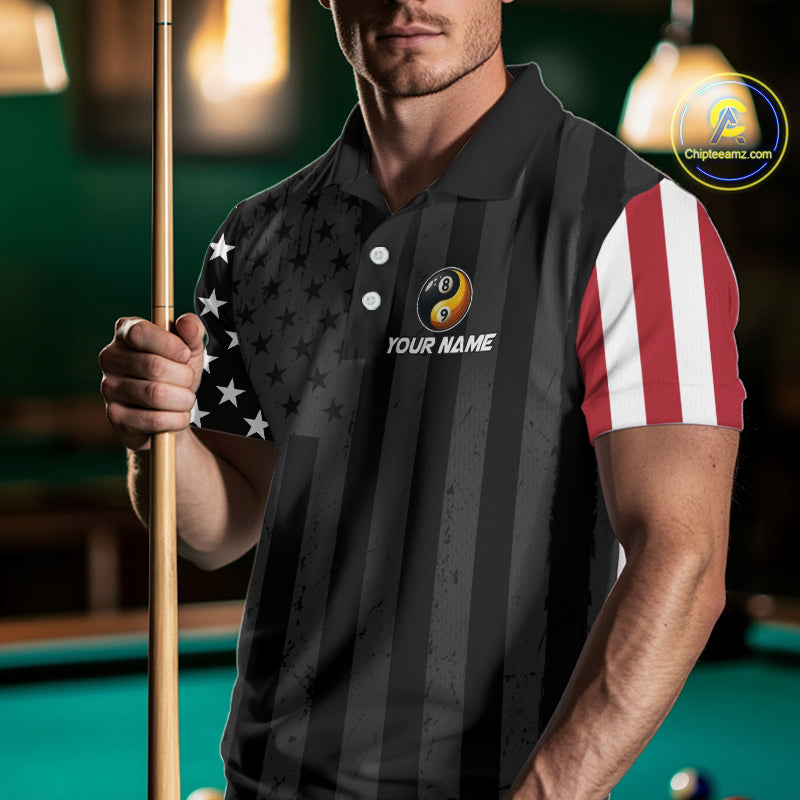 Black US Flag Yin-Yang 8 Ball & 9 Ball Custom Billiard Shirts For Men Funny Billiard Jerseys TDM4683