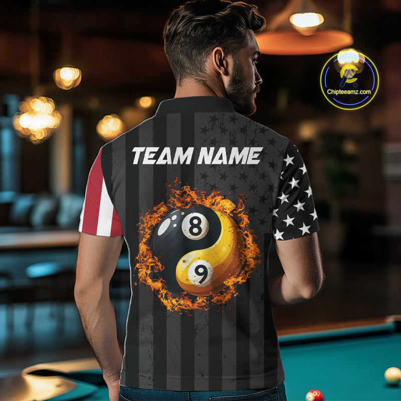 Black US Flag Yin-Yang 8 Ball & 9 Ball Custom Billiard Shirts For Men Funny Billiard Jerseys TDM4683