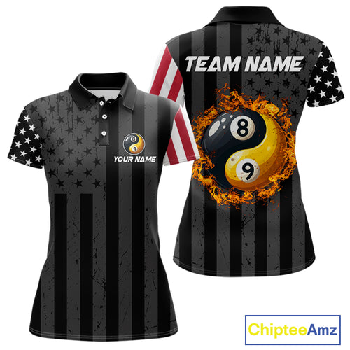 Black US Flag Yin-Yang 8 Ball & 9 Ball Custom Billiard Shirts For Women Funny Billiard Jerseys TDM4683