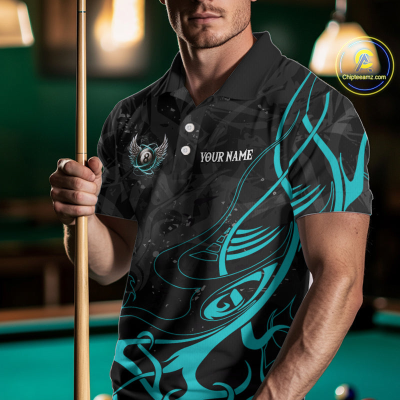 Personalized Black & Turquoise 8 Ball Wings Billiard Shirt For Men Custom Tribal Pool Team Jersey TDM4686