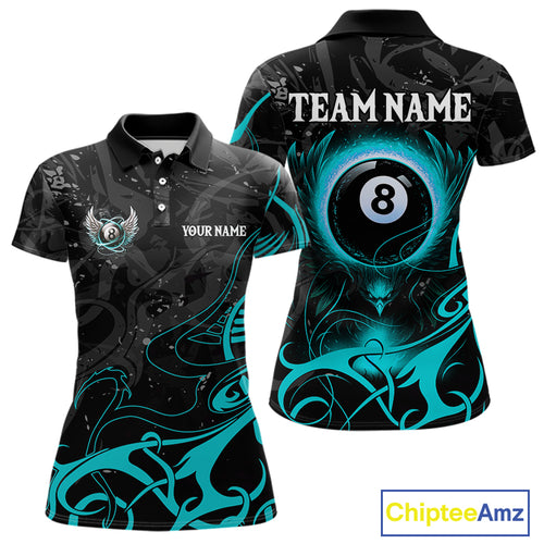 Personalized Black & Turquoise 8 Ball Wings Billiard Shirt For Women Custom Tribal Pool Team Jersey TDM4686