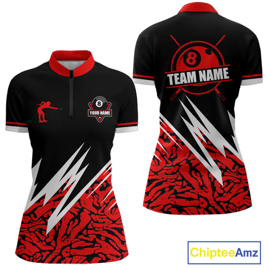 Personalized 8 Ball Billiard Jersey For Women Custom Black And Red Pool Team Shirt Polo & 1/4 Zip TDM5108