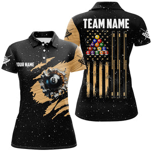 Customized Grunge American Flag 8 Ball Pool Women Billiard Polo Shirts, Patriotic Pool Player Shirts TDM0999