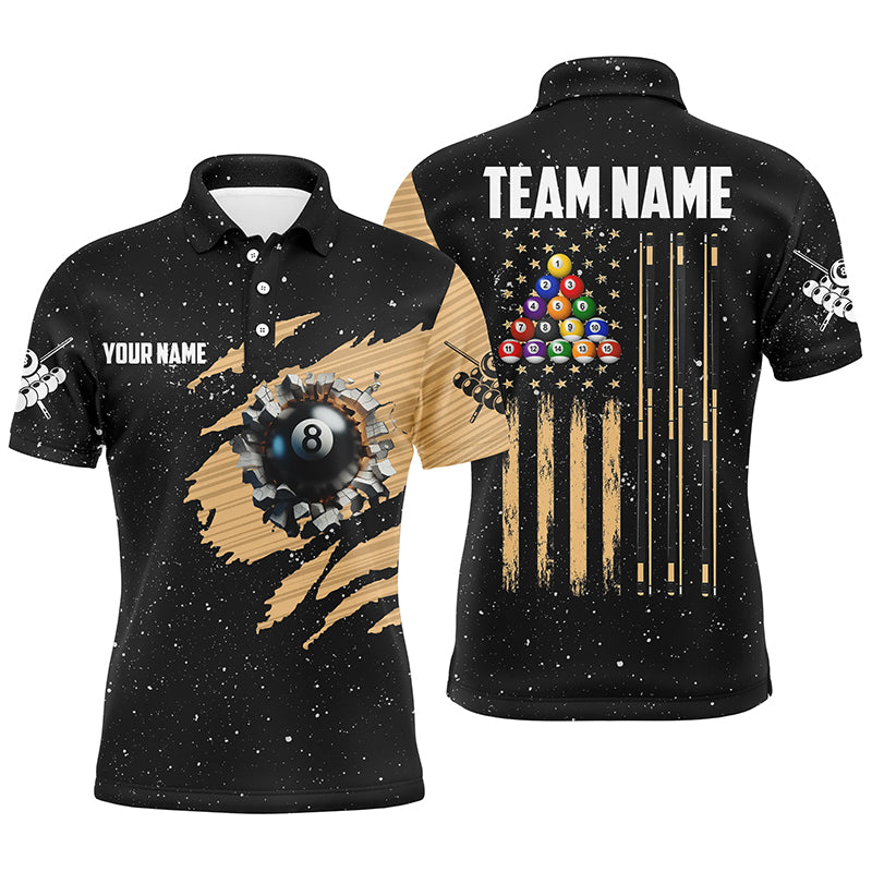 Customized Grunge American Flag 8 Ball Pool Men Billiard Polo Shirts, Patriotic Pool Player Shirts TDM0999