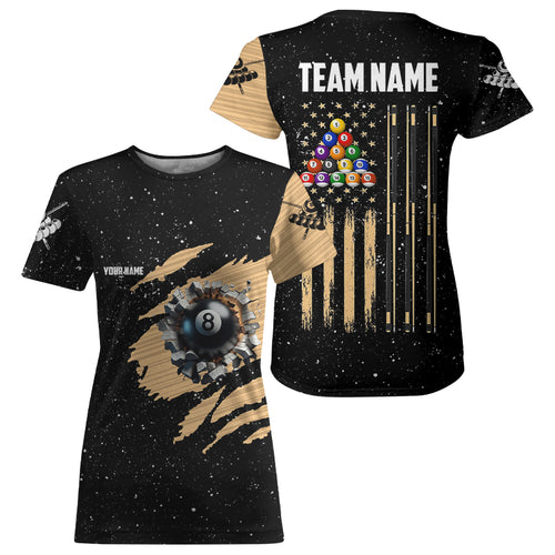 Customized Grunge American Flag 8 Ball Pool Billiard T Shirts For Women, Patriotic Pool Player Shirt TDM0999