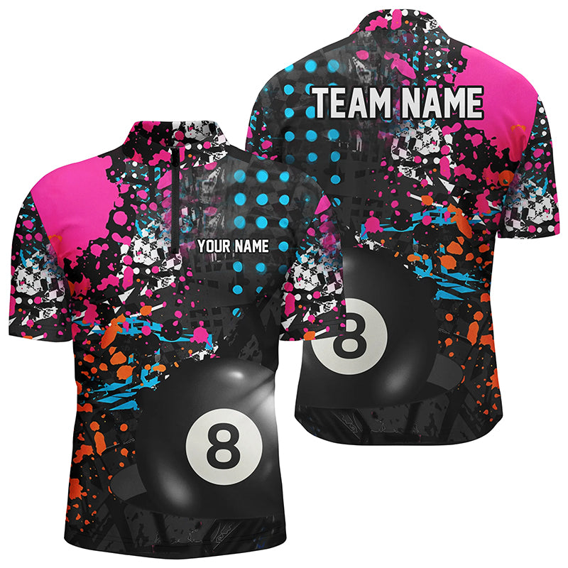 Personalized 3D 8 Ball Pool Grunge Colorful Men Quarter-Zip Shirts, Billiards Pool Shirts TDM1004