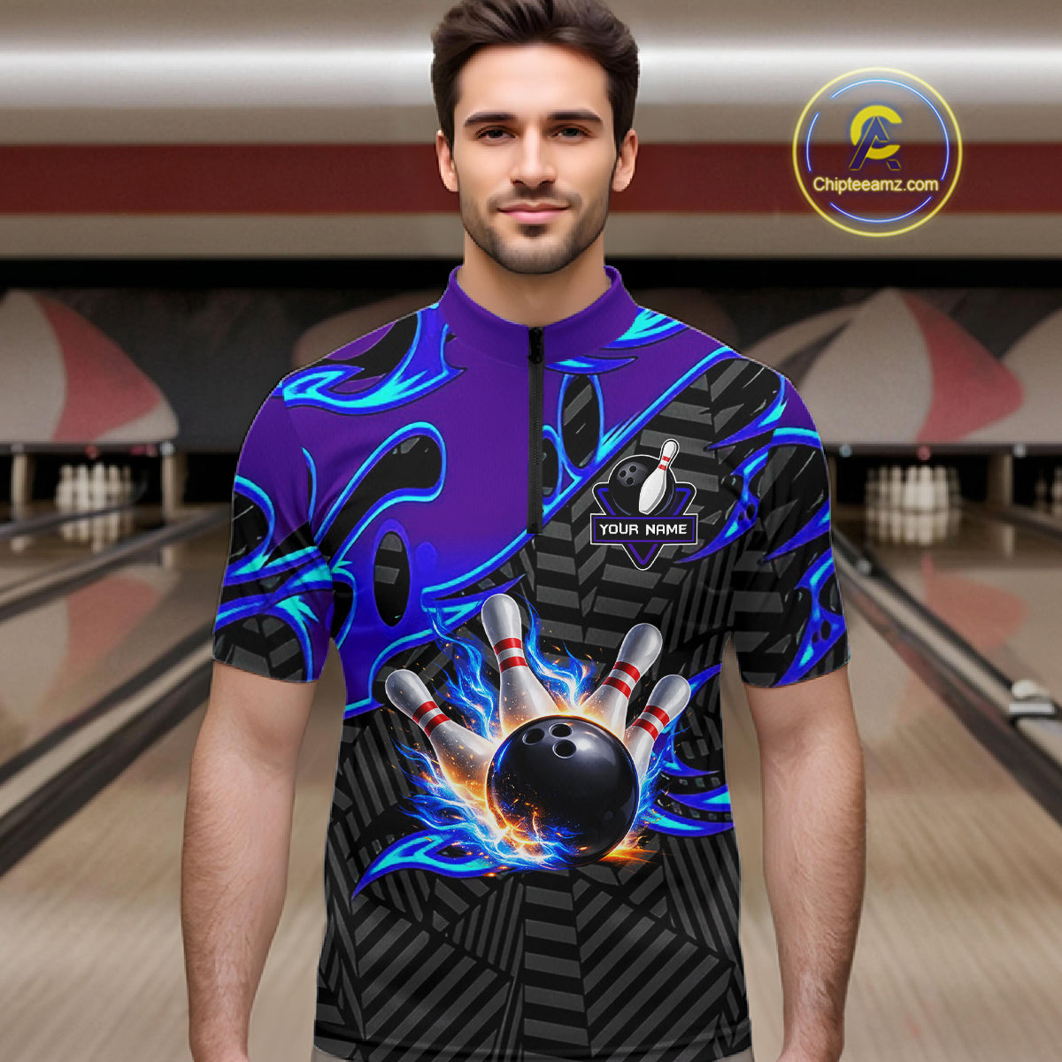 Custom Blue Purple Bowling Jersey For Men, Bowling Tournament Team Shirt Polo & Quarter Zip TDM5826