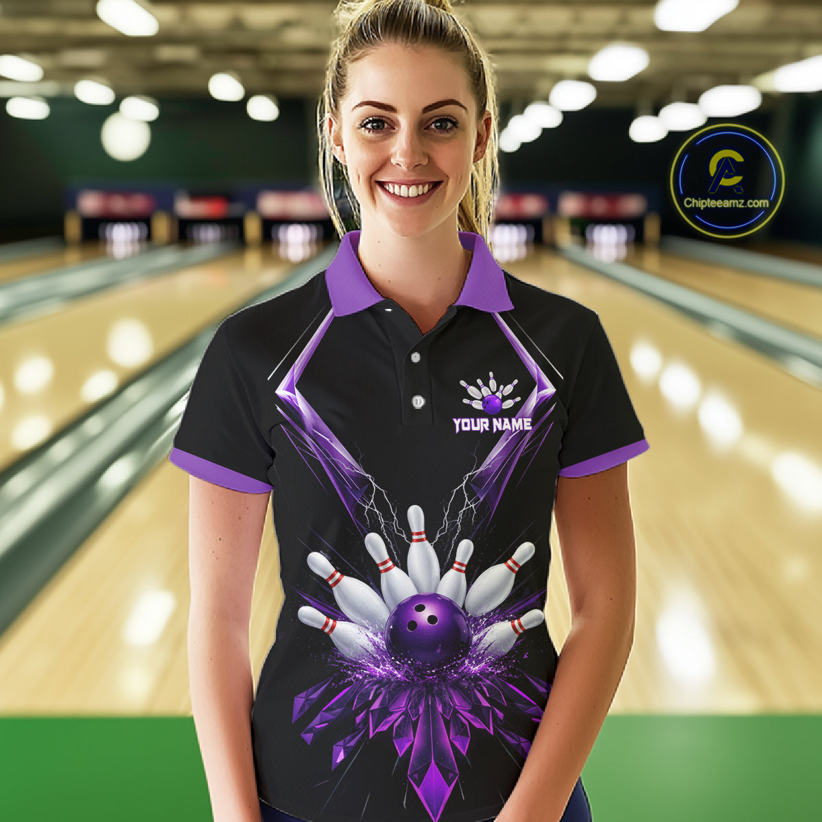Custom Purple Bowling Jersey For Women, Crystal Lighting Bowling League Shirt Team Polo & 1/4 Zip TDM6428