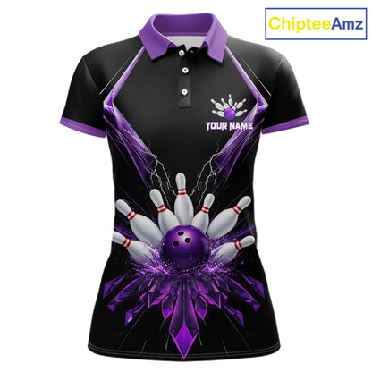 Custom Purple Bowling Jersey For Women, Crystal Lighting Bowling League Shirt Team Polo & 1/4 Zip TDM6428