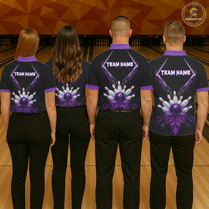 Custom Purple Bowling Jersey For Men, Crystal Lightning Bowling League Shirt Team Polo & 1/4 Zip TDM6428