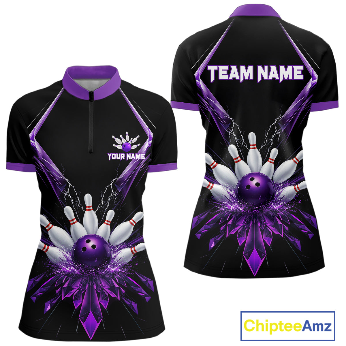 Custom Purple Bowling Jersey For Women, Crystal Lighting Bowling League Shirt Team Polo & 1/4 Zip TDM6428