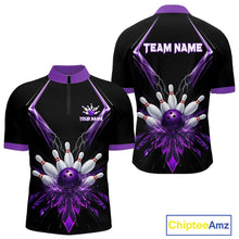 Load image into Gallery viewer, Custom Purple Bowling Jersey For Men, Crystal Lightning Bowling League Shirt Team Polo &amp; 1/4 Zip TDM6428