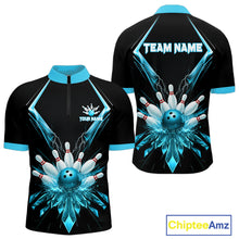 Load image into Gallery viewer, Custom Blue Bowling Jersey For Men, Crystal Lightning Bowling League Shirt Team Polo &amp; 1/4 Zip TDM6429
