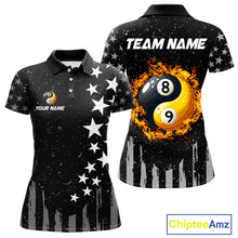 Load image into Gallery viewer, Black US Flag Ying And Yang 8 Ball &amp; 9 Ball Custom Billiard Shirts For Women Funny Billiard Jerseys TDM4083