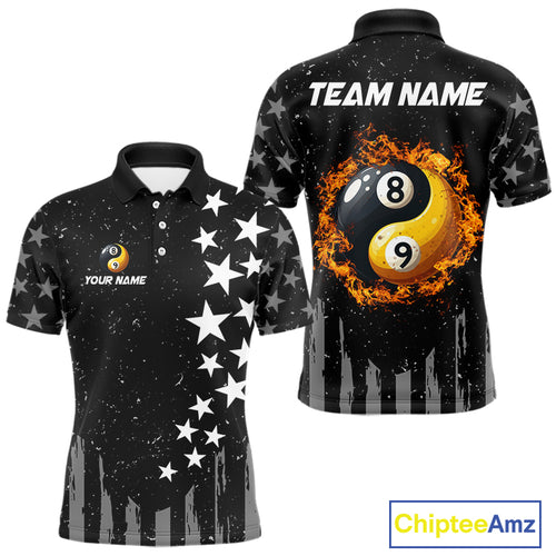 Black US Flag Ying And Yang 8 Ball & 9 Ball Custom Billiard Shirts For Men Funny Billiard Jerseys TDM4083
