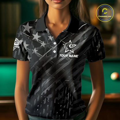 Black US Flag 8 Ball Billiard Shirts For Women Custom Patriotic Billiard Team Shirts, Pool Jerseys TDM4084