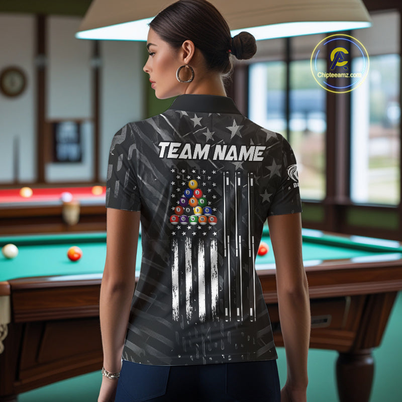 Black US Flag 8 Ball Billiard Shirts For Women Custom Patriotic Billiard Team Shirts, Pool Jerseys TDM4084