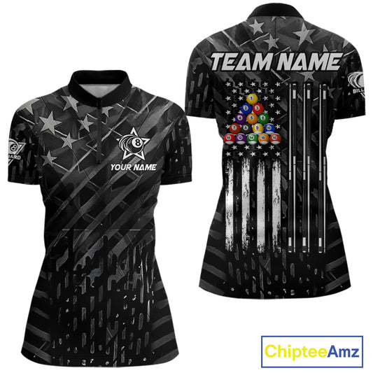 Black US Flag 8 Ball Billiard Shirts For Women Custom Patriotic Billiard Team Shirts, Pool Jerseys TDM4084