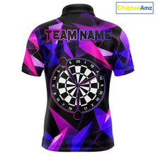 Load image into Gallery viewer, Pink and purple darts polo shirt with geometric design and dartboard, customizable name and team name